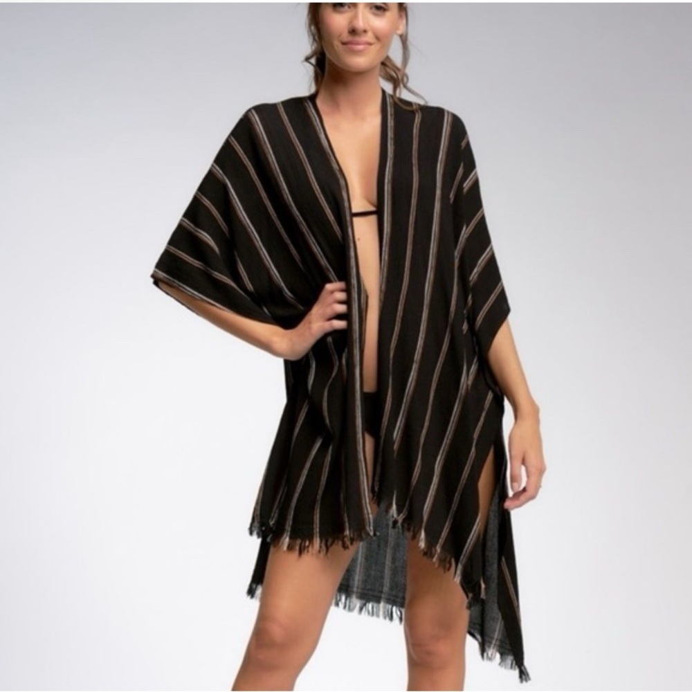 Elan Striped Tie Front Coverup Kimono One Size